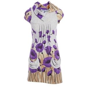 Grey & purple floral pocket Cowl Neck Dress